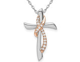 14K White and Pink Gold Ribbon Cross Pendant Necklace with Chain